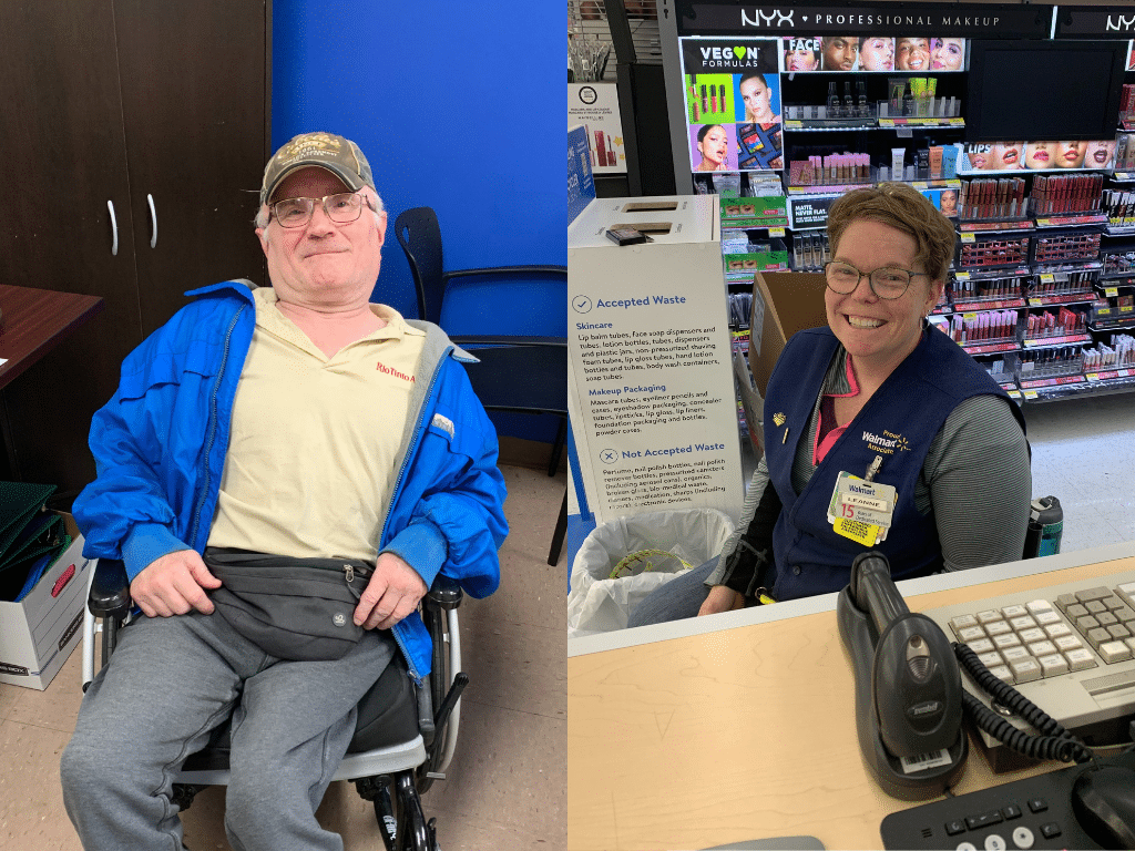 Two images side by side. In one, Jay Stepp is pictured in his wheelchair smiling at the camera. He is in the People in Motion recreation room. In the other photo, Leanne Mackinnon sits in her wheelchair behind a desk at Walmart, where she works. A display of makeup products is behind her.