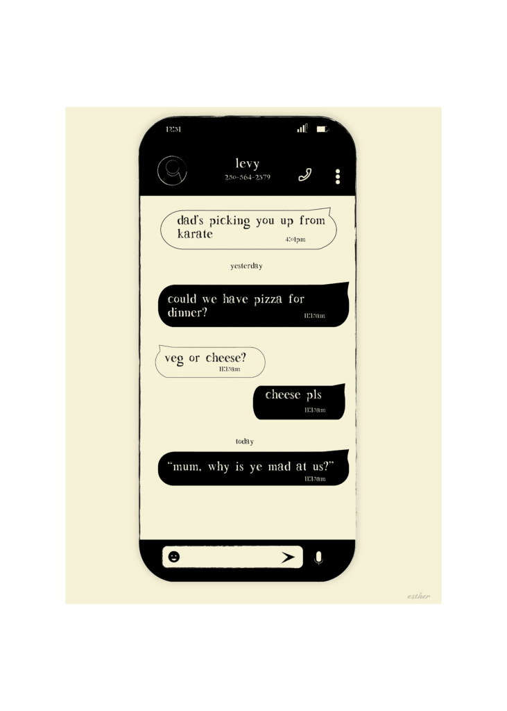 An illustration of an iPhone. The screen shows a text conversation between the phone's owner and a contact named levy. "Dad's picking you up from karate." "could we have pizza for dinner?" "veg or cheese?" "cheese pls" "mum, why is ye mad at us?"
