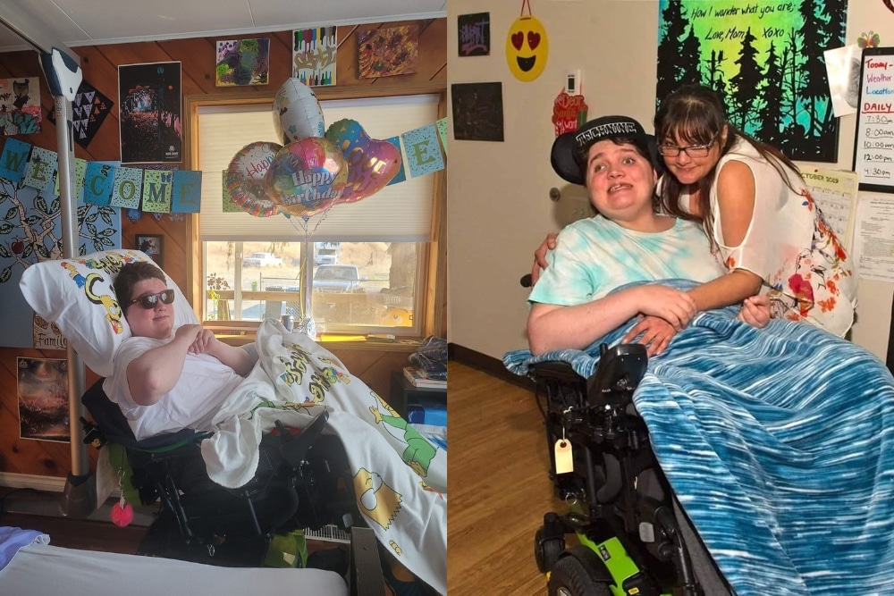 Two photos of Jessie Simpson side-by-side. On the left, Jessie sits in a wheelchair with a blanket on his lap. He's smiling wearing sunglasses. On the right, Jessie sits in his wheelchair next to his mom, Sue, who hugs him.