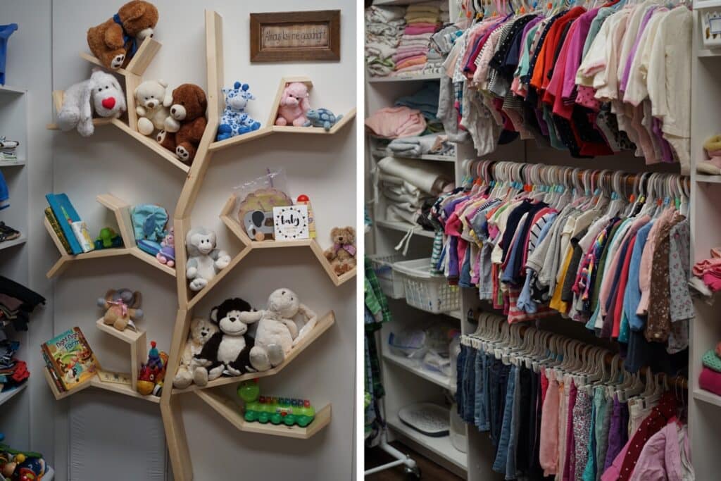 On the left, children's toys are set onto shelves. On the right, three rows of children's clothes hang on racks in a large closet.