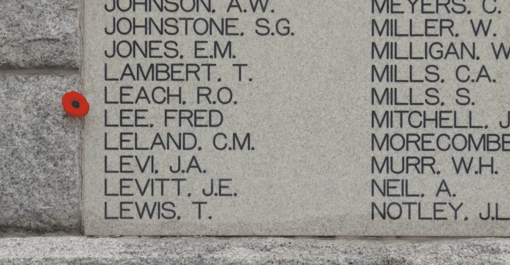 Names of fallen soldier are etched into a cenotaph in Kamloops, British Columbia. Fred Lee's name is seen near the bottom. 