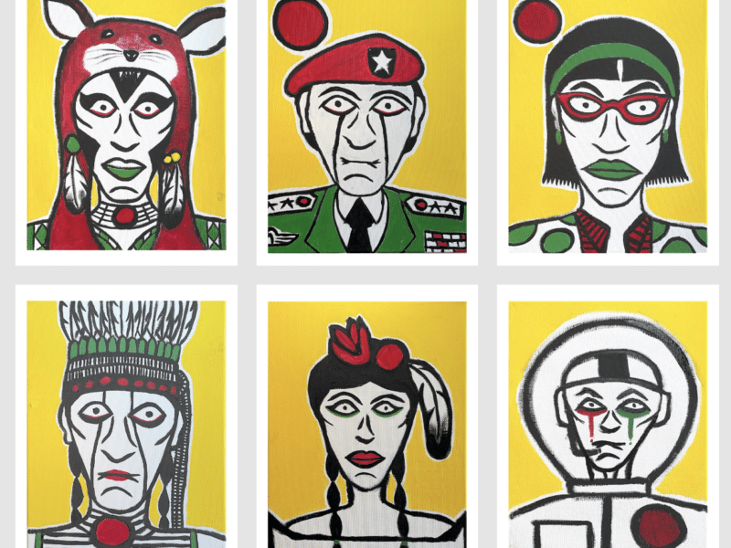 Faces rendered in black and white embellished with pops of colour set against a yellow background signify the roles each child lost at KIRS might have stepped into in adulthood in Johnny Bandura: The 215