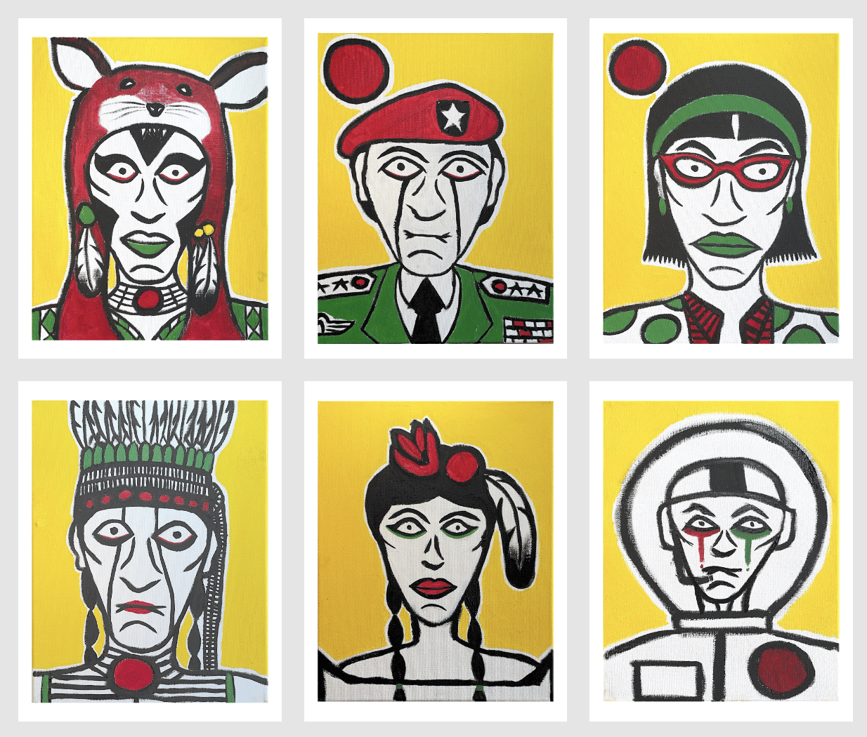 Faces rendered in black and white embellished with pops of colour set against a yellow background signify the roles each child lost at KIRS might have stepped into in adulthood in Johnny Bandura: The 215