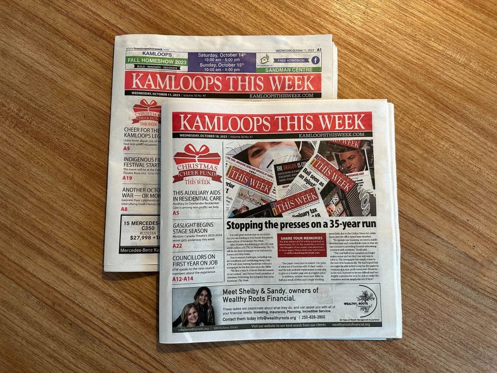 Two Kamloops This Week papers site on a desk.