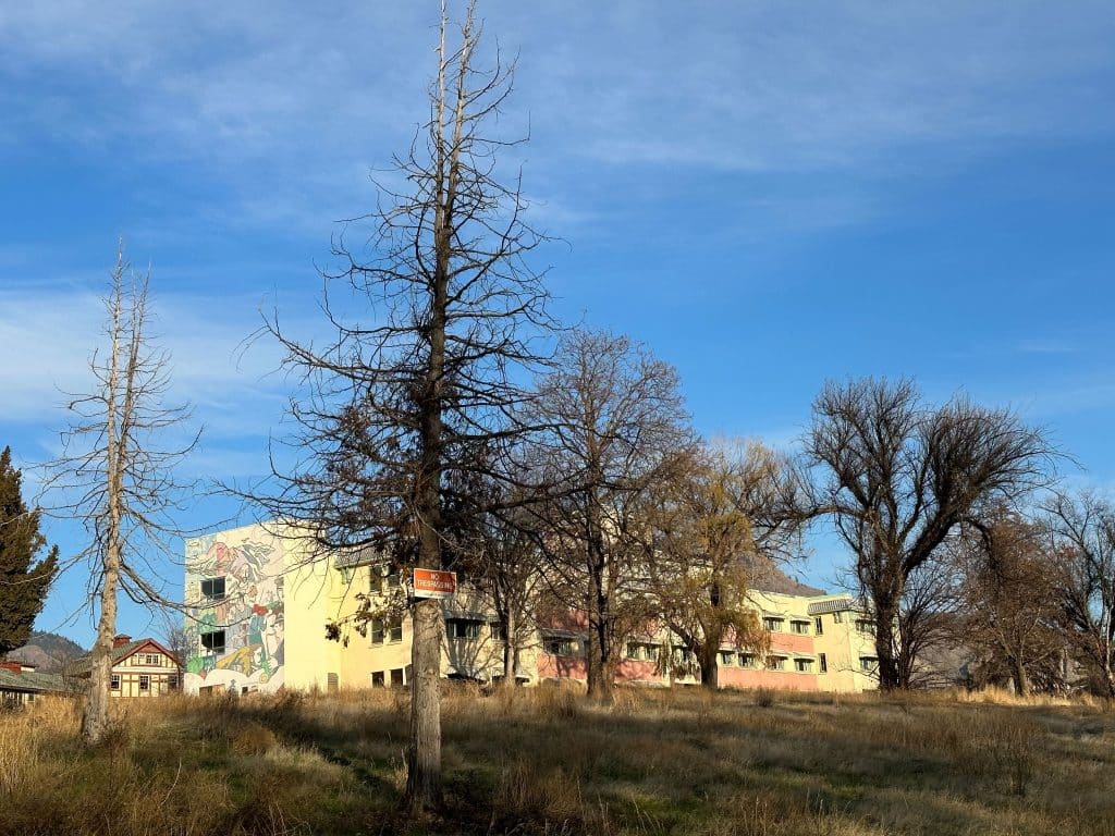 An old sanatorium building is shown behind trees in the sun and blue sky.