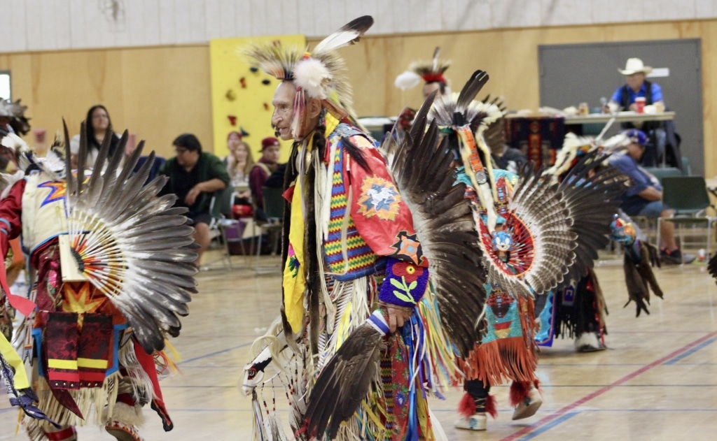 Photo shows traditional dancer, Peter Anthony, in his regalia on the powwow dance floor.