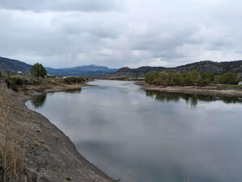 Photo shows the South Thompson river just North of the La Farge bridge. The water levels are low and the side banks of the river seem to be wider than someone normally would expect at this time of year.