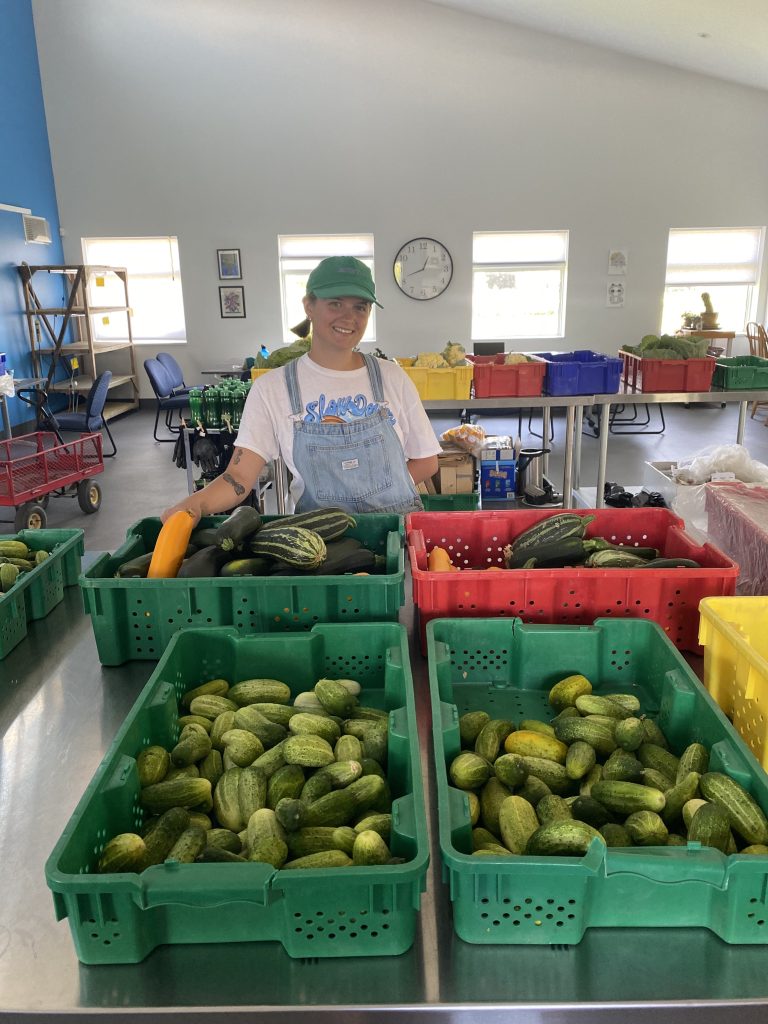 A person in blue overalls and gloves shows off bins of cucumbers.
