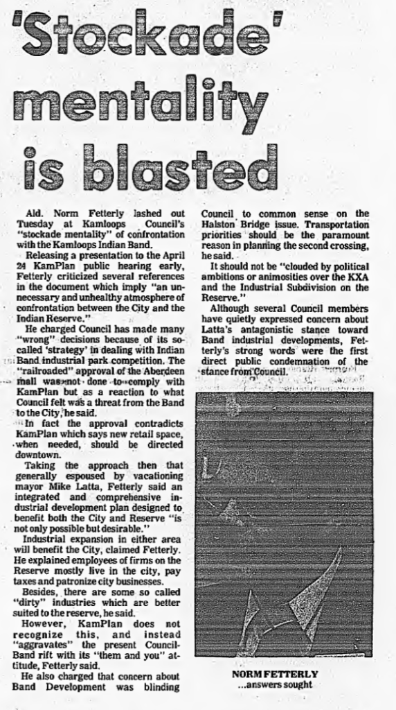 In this article by The Kamloops News in March 20 1979 Kamloops Alderman Norm Fetterly publichly blasted the city council and especially Mayer Latta for their animosity towards the band.