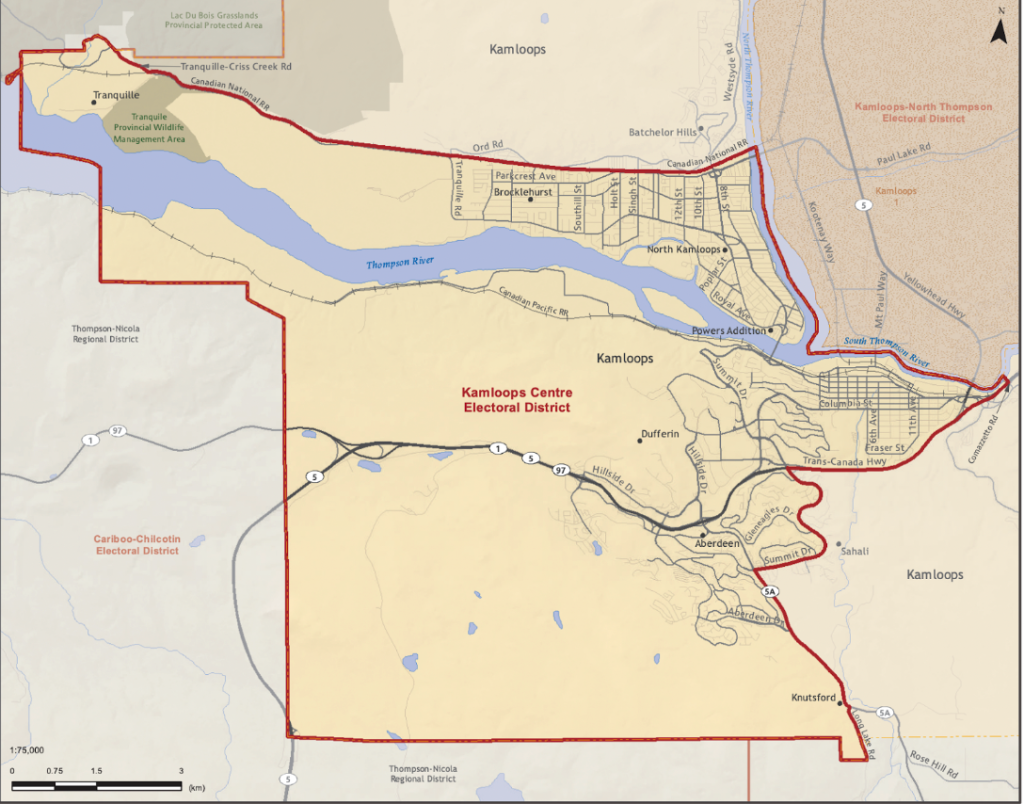 A map of the new Kamloops Centre electoral district