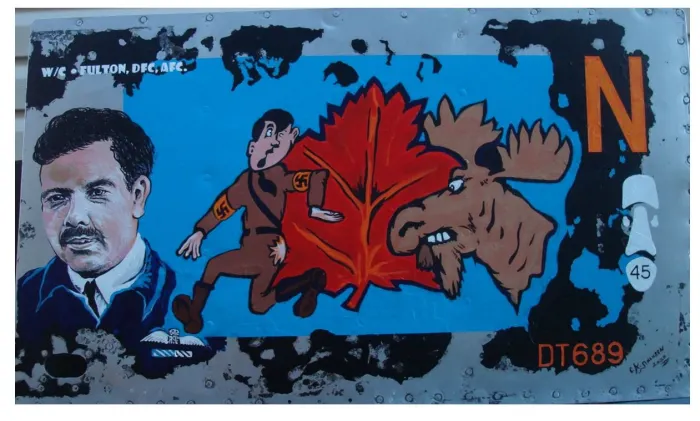 A tribute piece to commander John “Moose” Fulton painted on the skin of a recovered WWII plane. It features a reproduction of original 1942 nose art of a moose biting Hitler’s bottom which had been painted to honour Fulton after his loss in combat. Photo by Cold Lake Air Force Museum