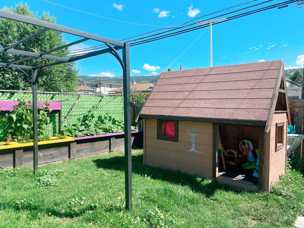 A playhouse is shown in the backyard 